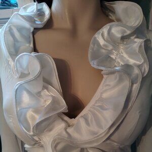 Moa Ruffle Collar, Front Long Zip Sleeves Stretchy Sexy Padded Blouse Size Large